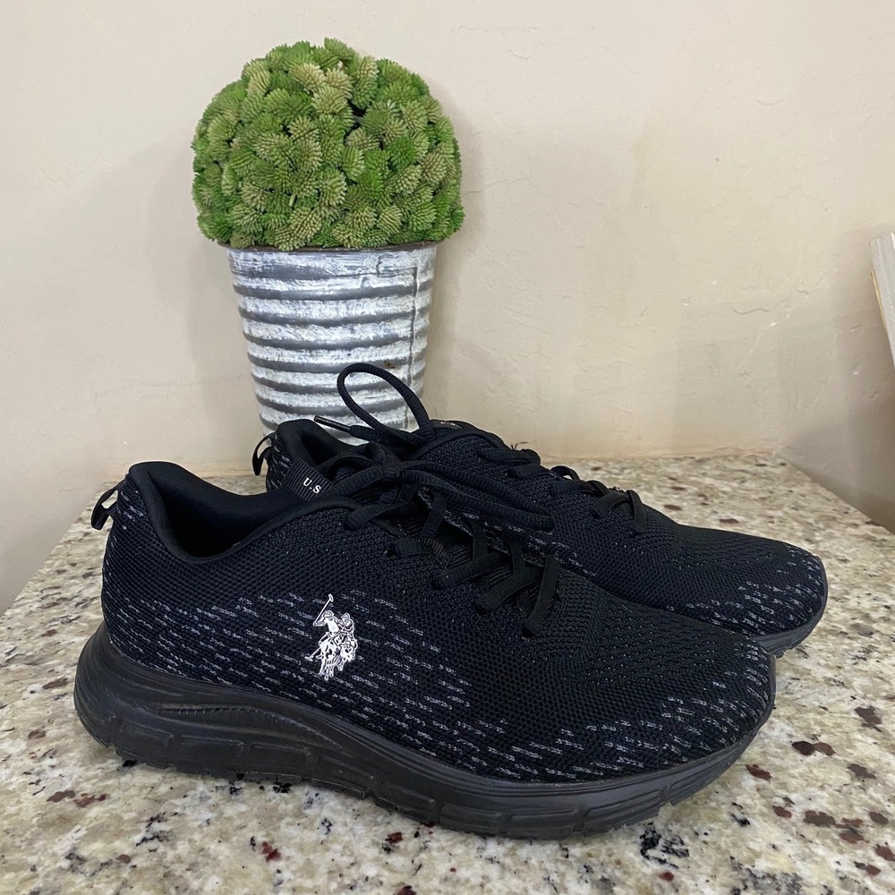 US Poloโ Assn Womens Black Knit Athletic Sneakers Running Shoes Logo Low Top